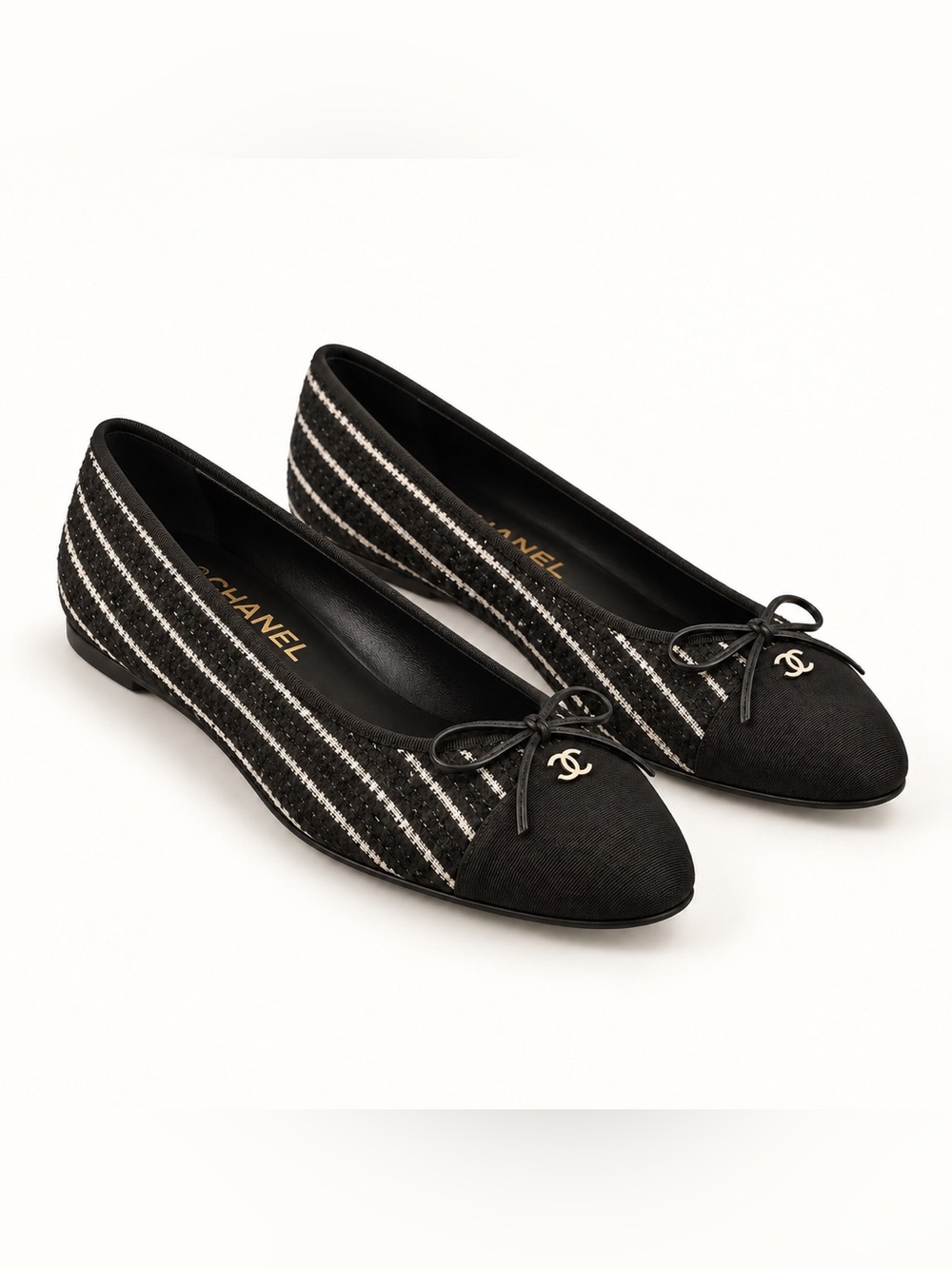 CHANEL Black and White Striped Tweed Bow Ballet Flats
